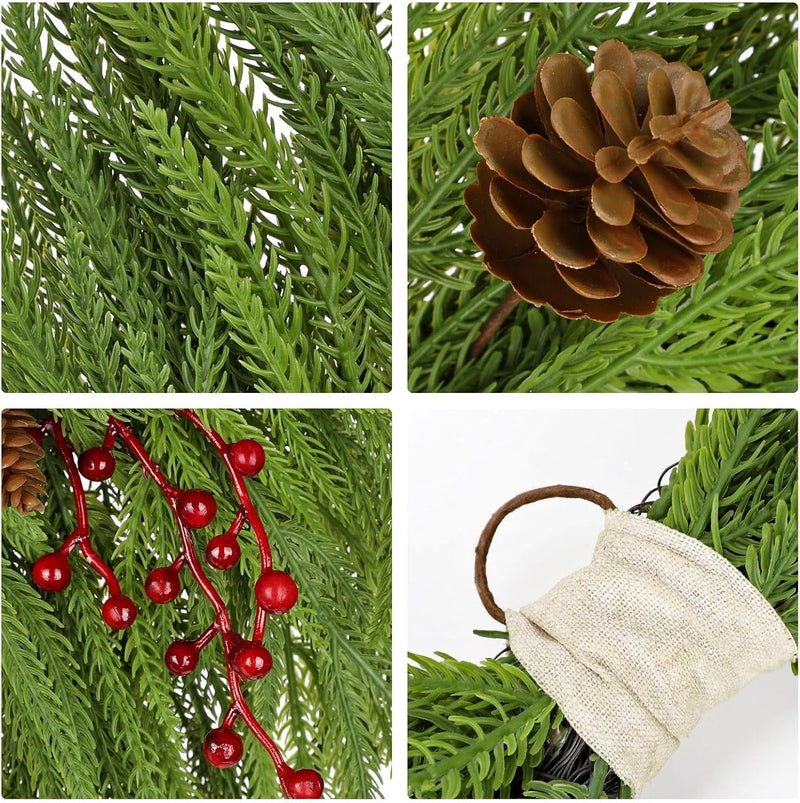 Arborus Artificial Christmas Swags with Norfolk Pine, Red Berries and Pinecones, 24" Christmas Thanksgiving Decorations for Front Door, Mantel, Staircase, Window, Xmas Décor - Image 2